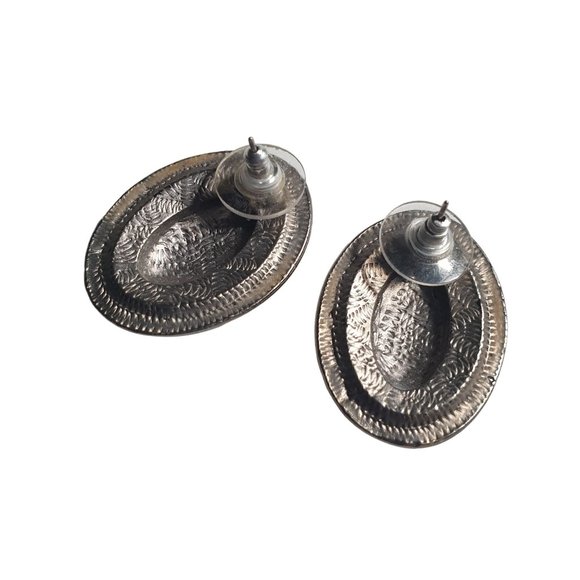 Oval Cabochon Grey Metal Vintage Earrings Womens Jewelry Costume Medium Weight - Picture 4 of 5